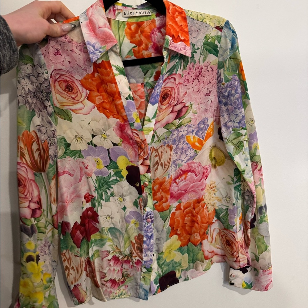 Alice + Olivia Silk Floral Blouse in Pink, Green, Yellow and Orange